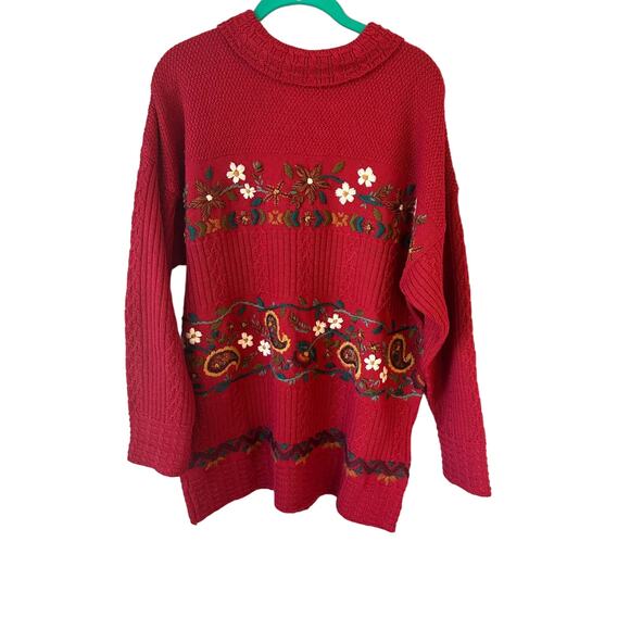 Vintage Laura Ashley Vintage Red Embroidered Wool Sweater Tunic Size Large - Picture 1 of 7